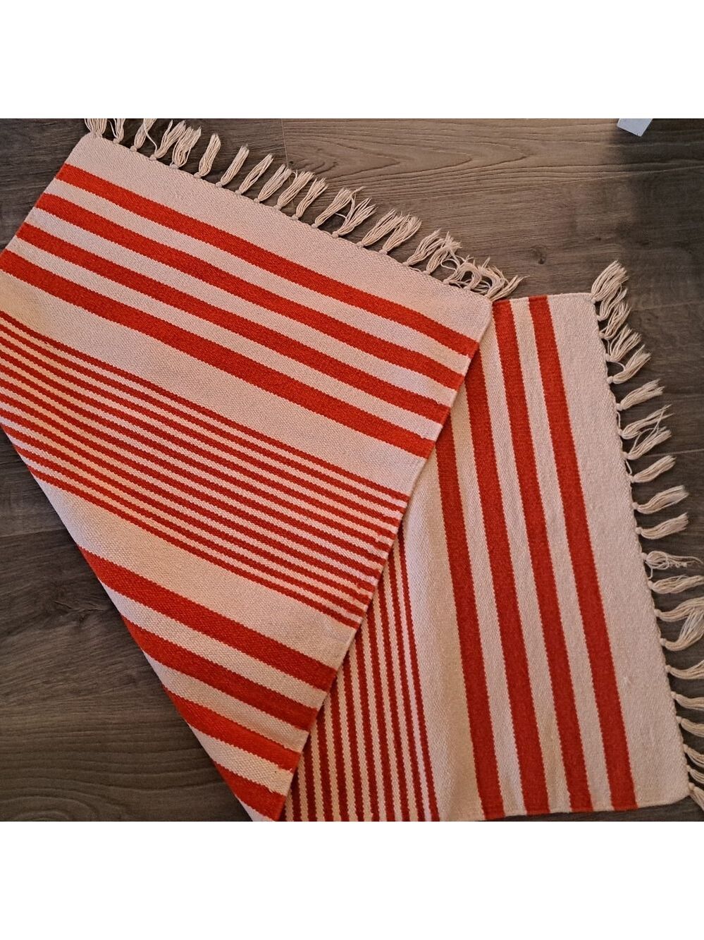 TRINA TURK orange cream striped cotton throw rug mat fringed edge cottagecore